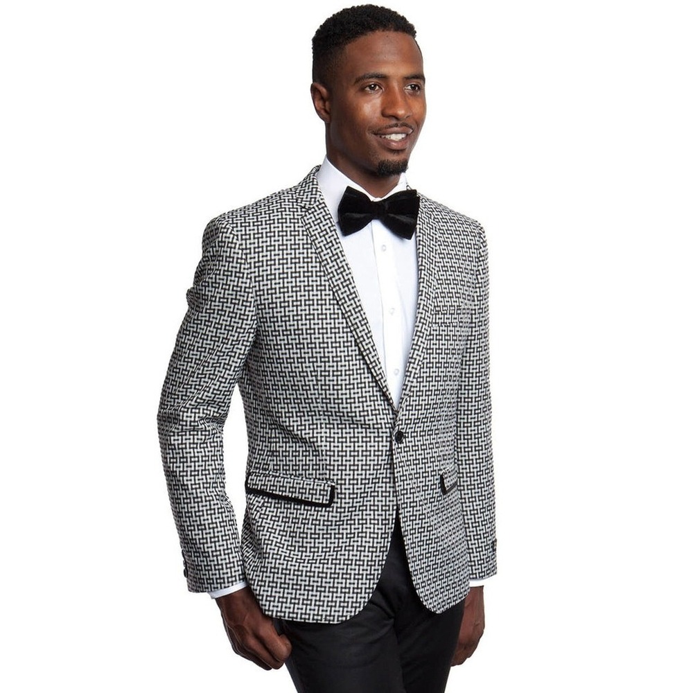 Tazio Italy men 44R black white link pattern slim fit tuxedo blazer